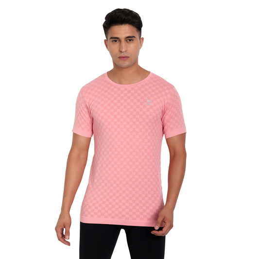 Heka Seamless Self Design Nylon Blend Chess Move T-Shirt - Panther Pink