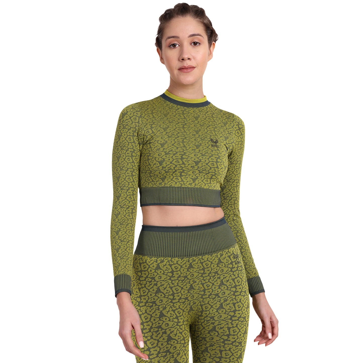 Heka Breathable Leopard -Camo Structured Seamless Crop Top - Green