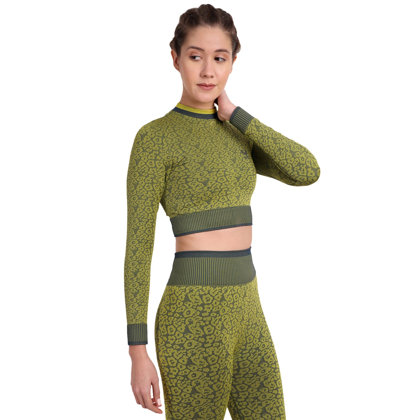 Heka Breathable Leopard -Camo Structured Seamless Crop Top - Green