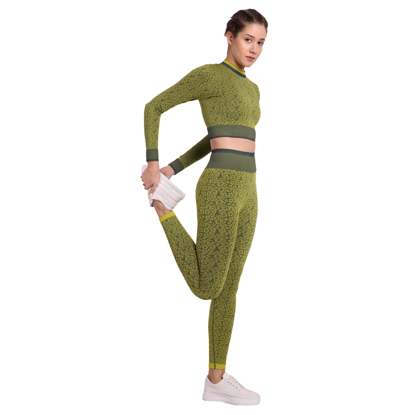 Heka Breathable Leopard -Camo Structured Seamless Crop Top - Green