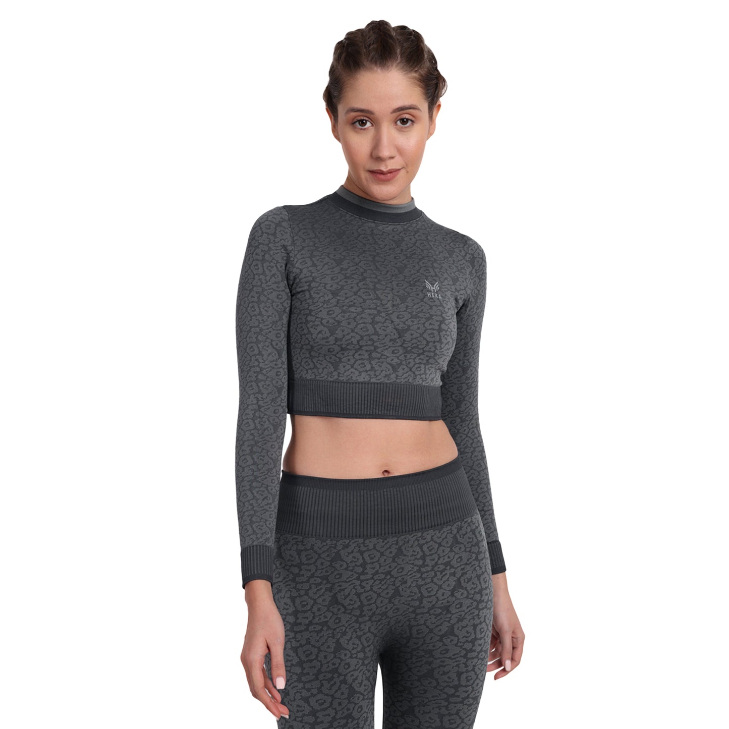 Heka Breathable Leopard -Camo Structured Seamless Crop Top - Grey